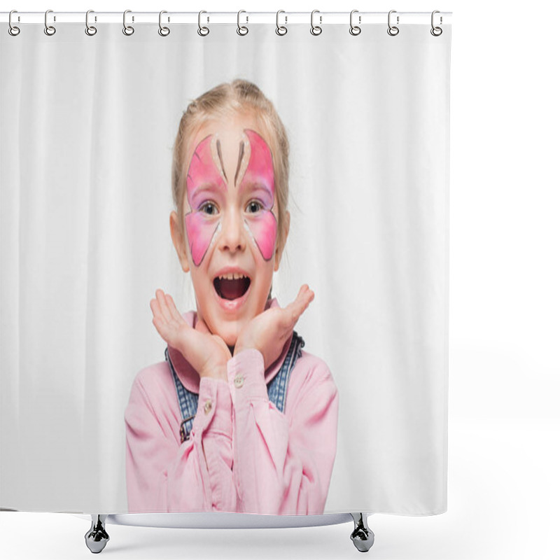 Personality  Excited Child With Butterfly Painting On Face Holding Hands Near Face While Looking At Camera Isolated On White Shower Curtains