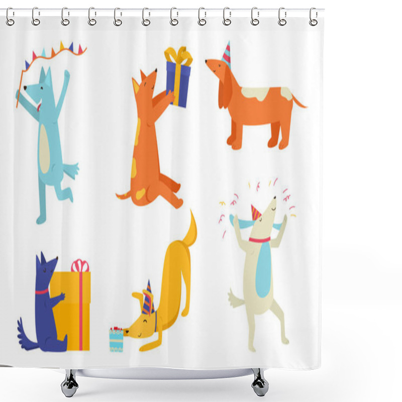 Personality  Set Of Happy Dogs Celebrating Birthday And Holding Present Boxes Vector Illustration Shower Curtains