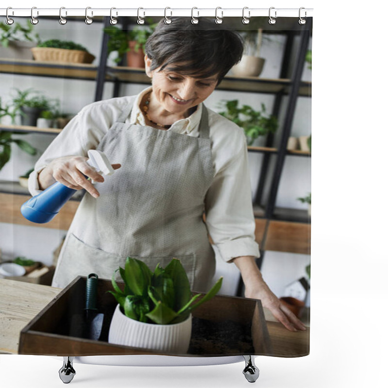 Personality  A Gardener Lovingly Cares For Her Plants In A Serene Studio. Shower Curtains