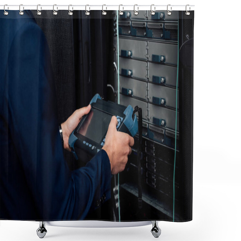 Personality  Cropped View Of Man Holding Reflectometer In Server Room  Shower Curtains