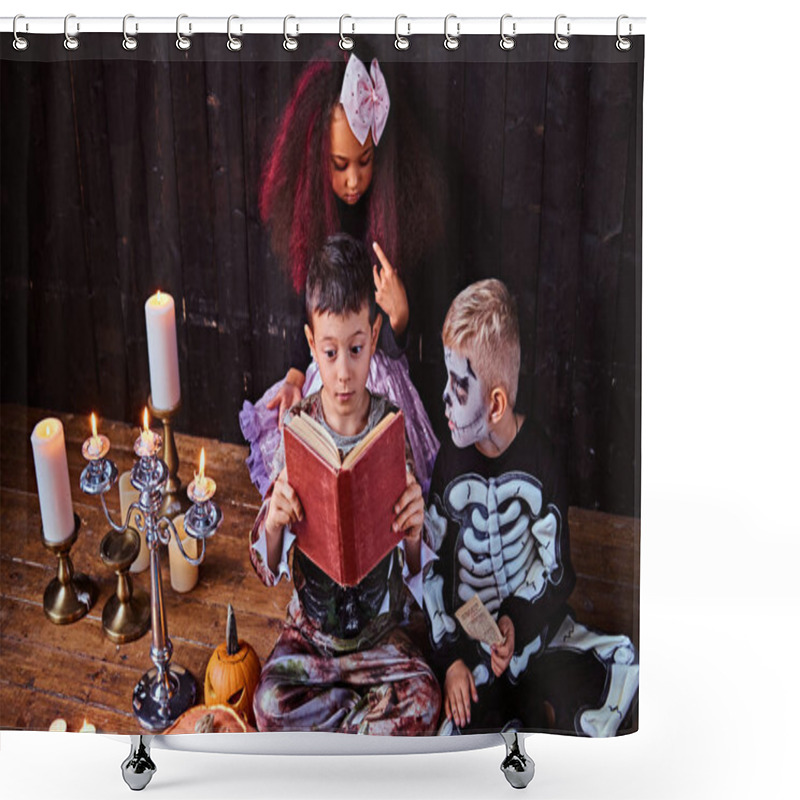 Personality  Group Of Cute Multiracial Kids In Scary Costumes Reading Horror Stories In An Old House, During Halloween Party.  Shower Curtains