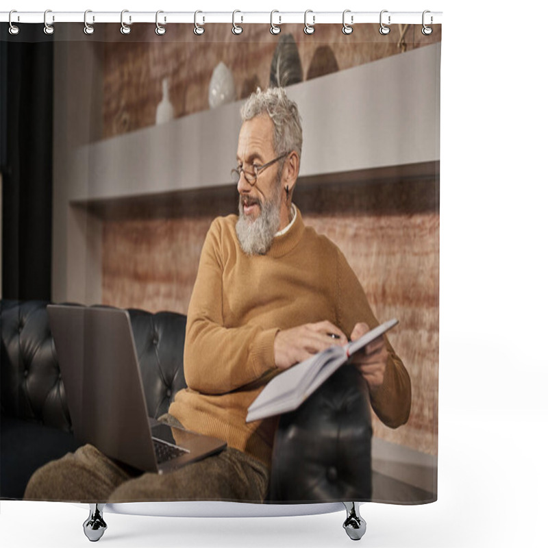 Personality  Bearded Middle Aged Psychologist In Glasses Talking To Client During Online Consultation On Laptop Shower Curtains