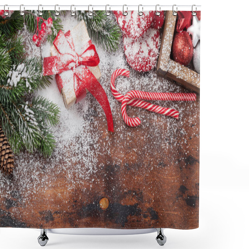 Personality  Christmas Card With Gift Box, Candy Canes, Decor And Xmas Fir Tree Branch On Wooden Table Shower Curtains