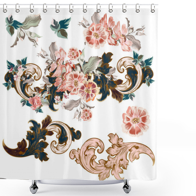 Personality  Set Of Vector Baroque Ornaments With Flowers Shower Curtains