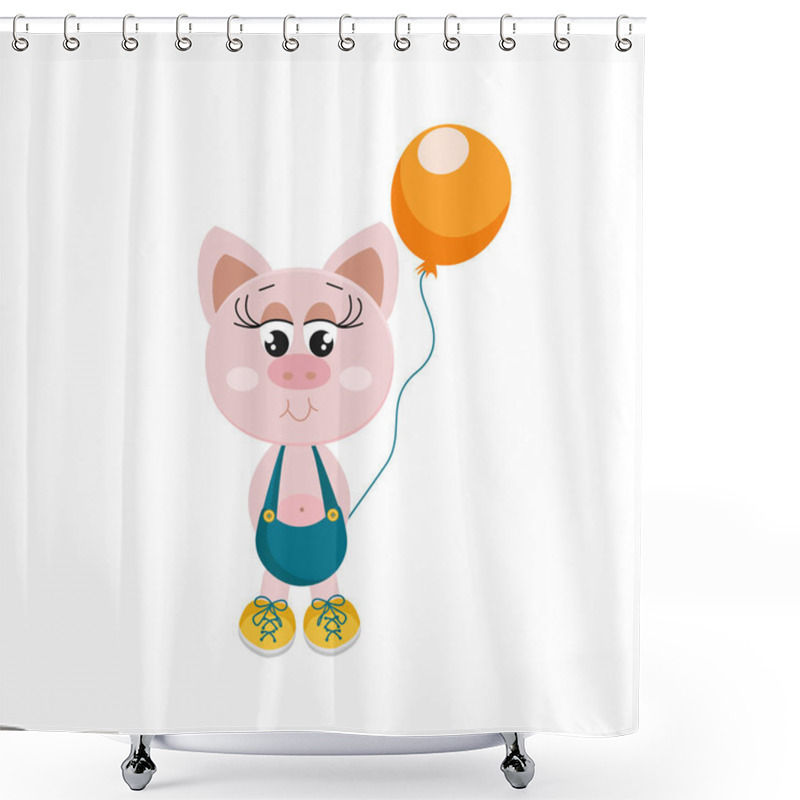 Personality  Cute Pink Pig With Balloon Isolated Stock Vector Illustration Shower Curtains