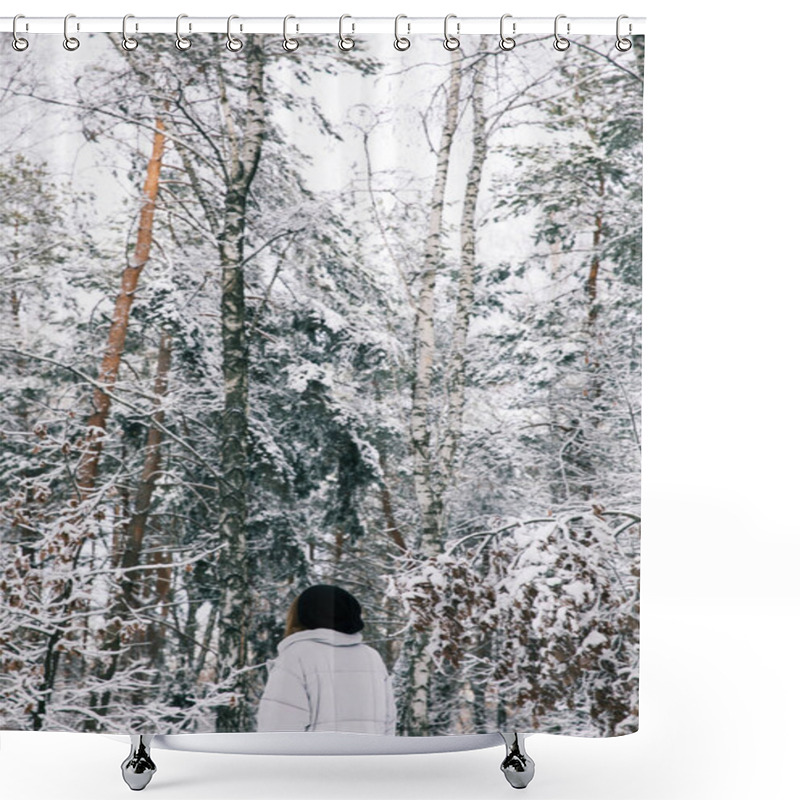 Personality  Back View Of Woman Walking In Snowy Forest Shower Curtains