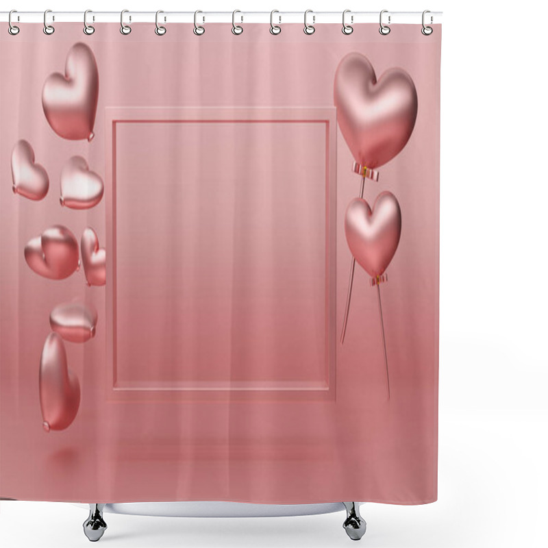 Personality  Podium Empty With Geometric Shapes In Pink Pastel Composition For Modern Stage Display And Minimalist Mockup ,birthday Balloons And Party Or Celebrations ,3d Illustration Or 3d Render Shower Curtains