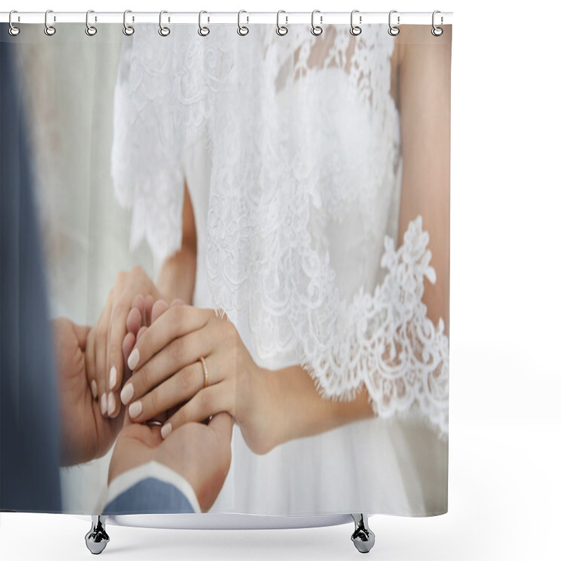 Personality  Bride And Groom Hands, Closeup Shower Curtains