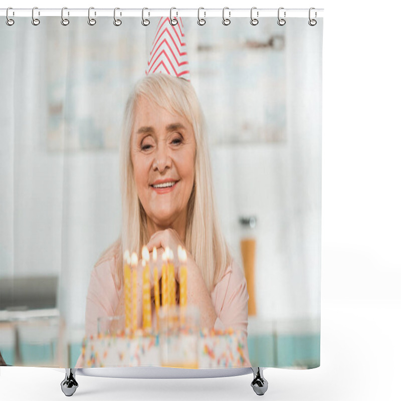 Personality  Happy Senior Woman In Party Cap Looking At Birthday Cake With Burning Candles Shower Curtains