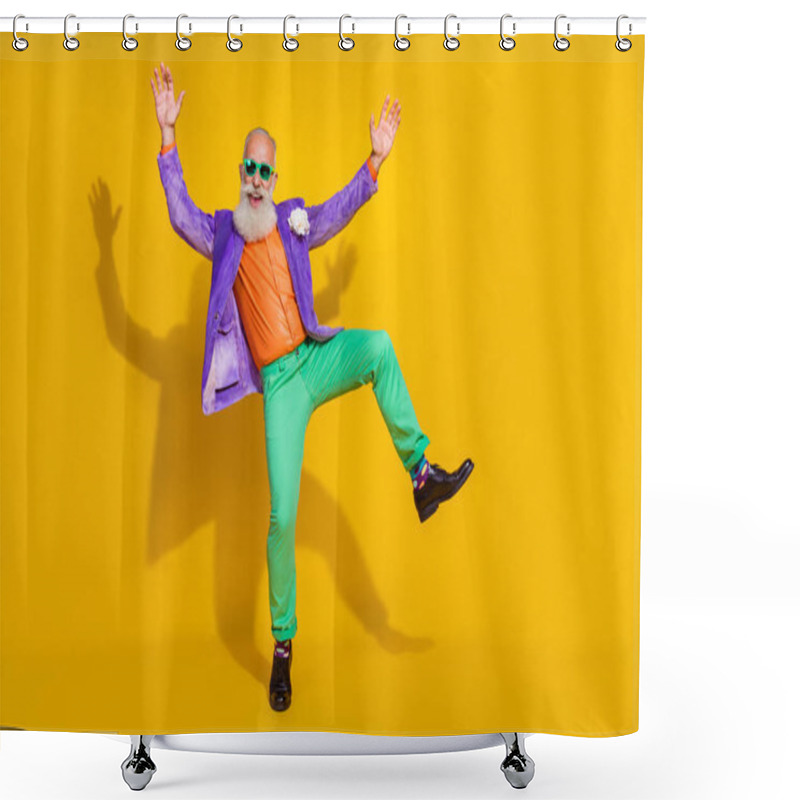 Personality  Full Length Photo Of Cool Impressed Guy Dressed Violet Velvet Jacket Rising Hands Dancing Disco Empty Space Isolated Yellow Color Background. Shower Curtains