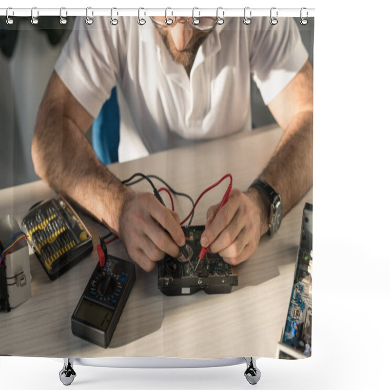 Personality  Man With Multimeter Checking Computer Part On Table Shower Curtains