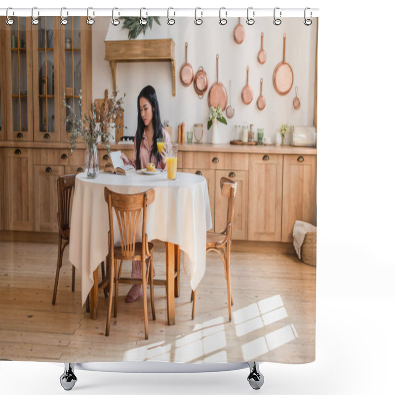 Personality  Young Asian Girl Sitting On Table, Reading Book And Drinking Orange Juice While Having Breakfast In Kitchen Shower Curtains