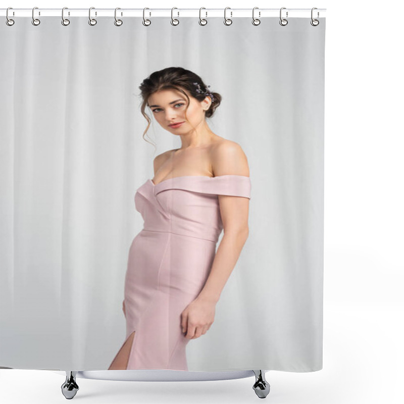 Personality  Charming Bride In Pink, Elegant Dress Looking At Camera Isolated On Grey Shower Curtains