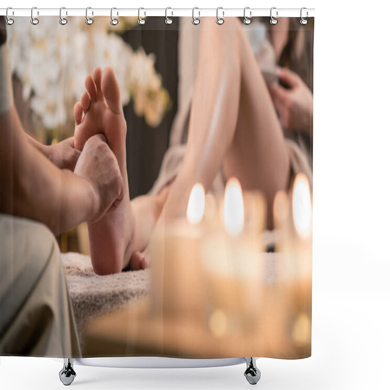 Personality  Woman Having Reflexology Foot Massage In Wellness Spa Shower Curtains