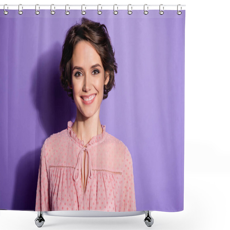 Personality  Close-up Portrait Of Her She Nice-looking Attractive Lovable Cute Winsome Cheerful Cheery Girl Isolated Over Bright Vivid Shine Vibrant Lilac Violet Purple Color Background Shower Curtains