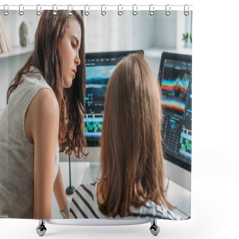 Personality  Selective Focus Of Attractive Editor Looking At Coworker  Shower Curtains