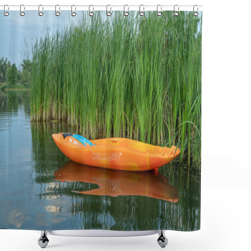 Personality  Fort Collins, CO, USA - August 5, 2021: Bellyak, Prone Kayak, In Reeds At Lake Shore In Colorado, Water Recreation Which Combines The Best Aspects Of Kayaking And Swimming. Shower Curtains