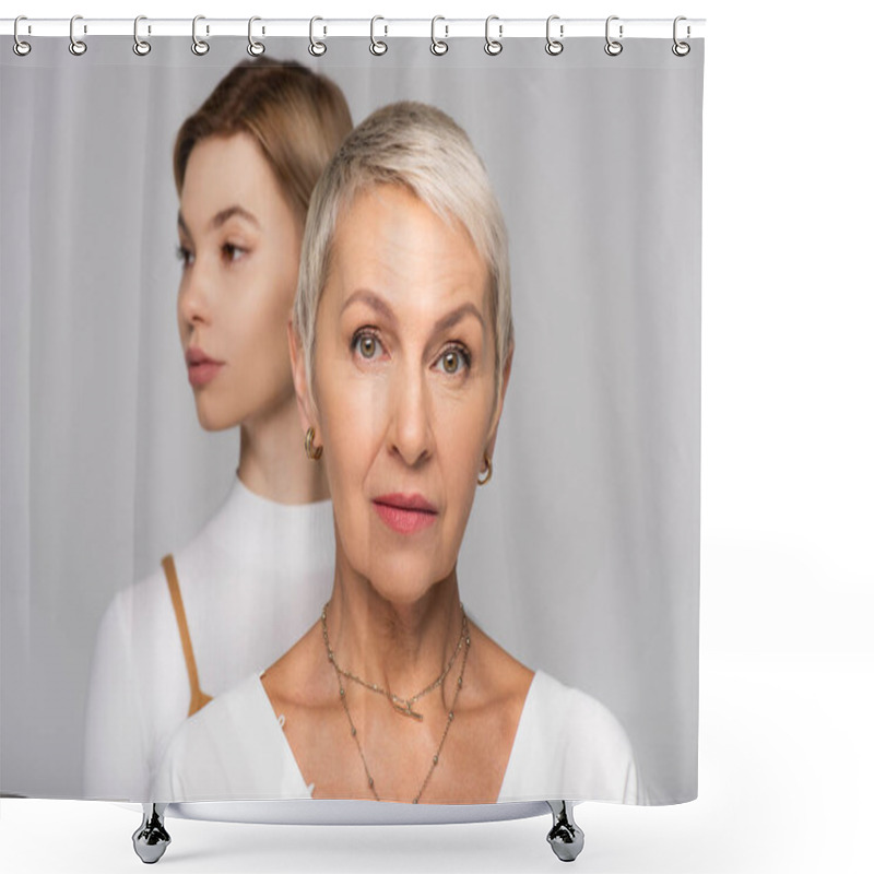 Personality  Blurred Young Woman Behind Middle Aged Mother Isolated On Grey Shower Curtains