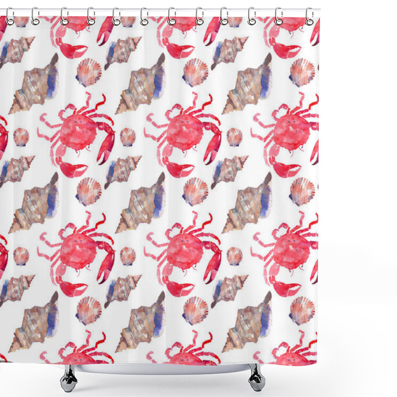 Personality  Colorful Bright Beautiful Lovely Summer Sea Tasty Delicious Pattern Of Red Crabs And Tender Pastel Seashells Watercolor Hand Illustration. Perfect For Restaurant Menu, Greetings Card And Textile Shower Curtains