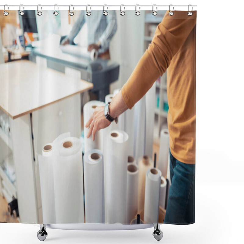 Personality  Man Wearing Watch Choosing Paper For His Future Book Shower Curtains