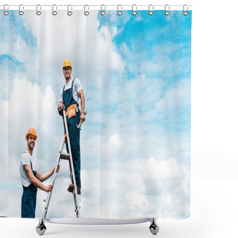 Personality  Happy Repairmen Standing On Ladder And Smiling Against Blue Sky With Clouds  Shower Curtains