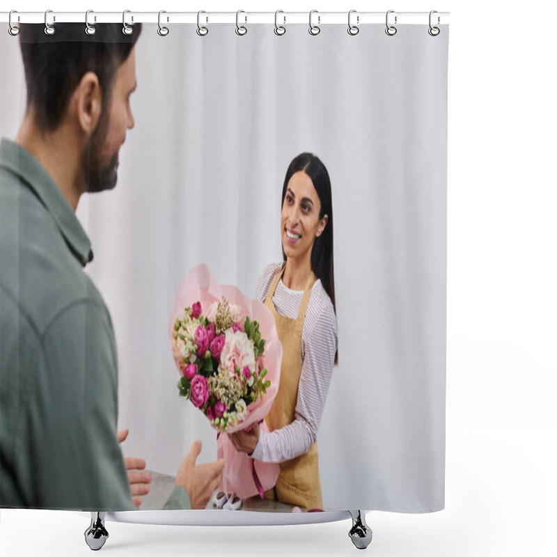 Personality  Florist Engages With A Man To Help Choose The Perfect Floral Arrangement In Her Shop. Shower Curtains