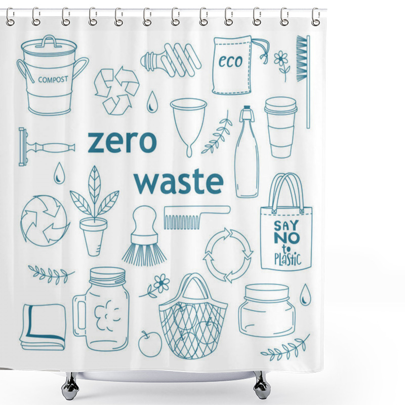 Personality  Zero Waste Concept. Monochrome Line Art Collection Of Eco And Waste Elements. Shower Curtains