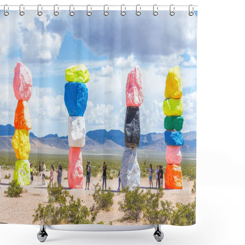 Personality  LAS VEGAS, NEVADA, USA - 12 MAY, 2019: Seven Magic Mountains Art Installation Near Las Vegas City. Pillars Made Of Neon Colored Boulders Stand Against Barren Desert Background And Blue Sky. Shower Curtains