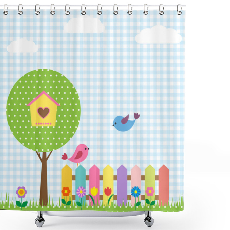 Personality  Birds And Birdhouse On Tree Shower Curtains