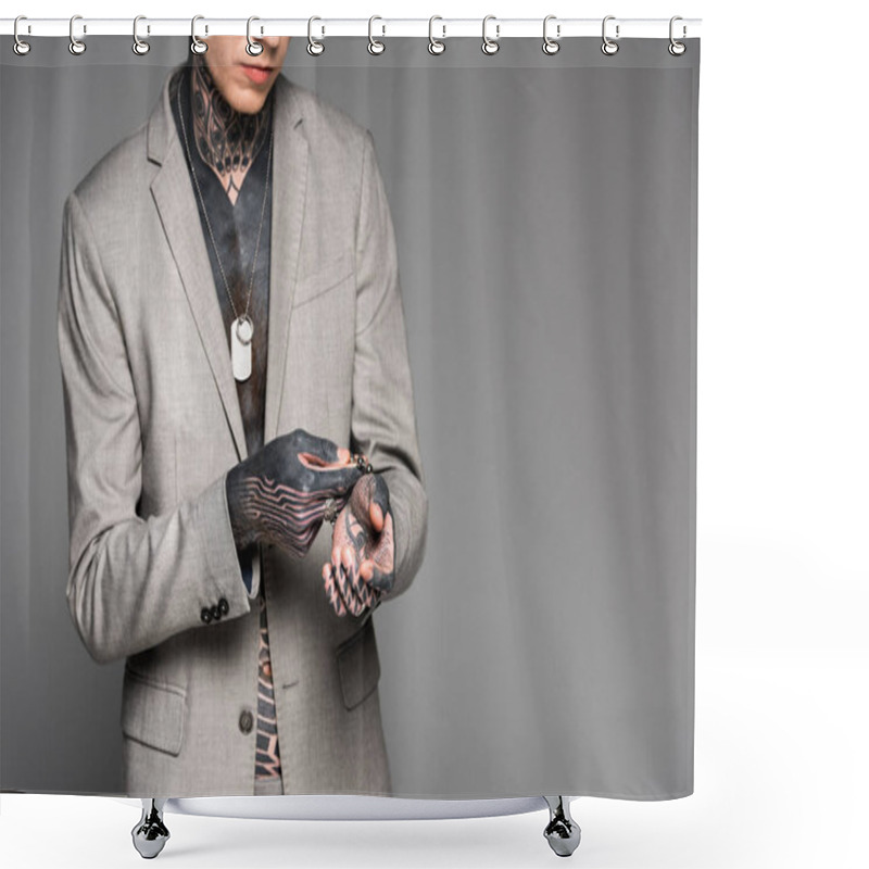 Personality  Cropped Shot Of Stylish Tattooed Man Adjusting Bracelet Isolated On Grey Shower Curtains