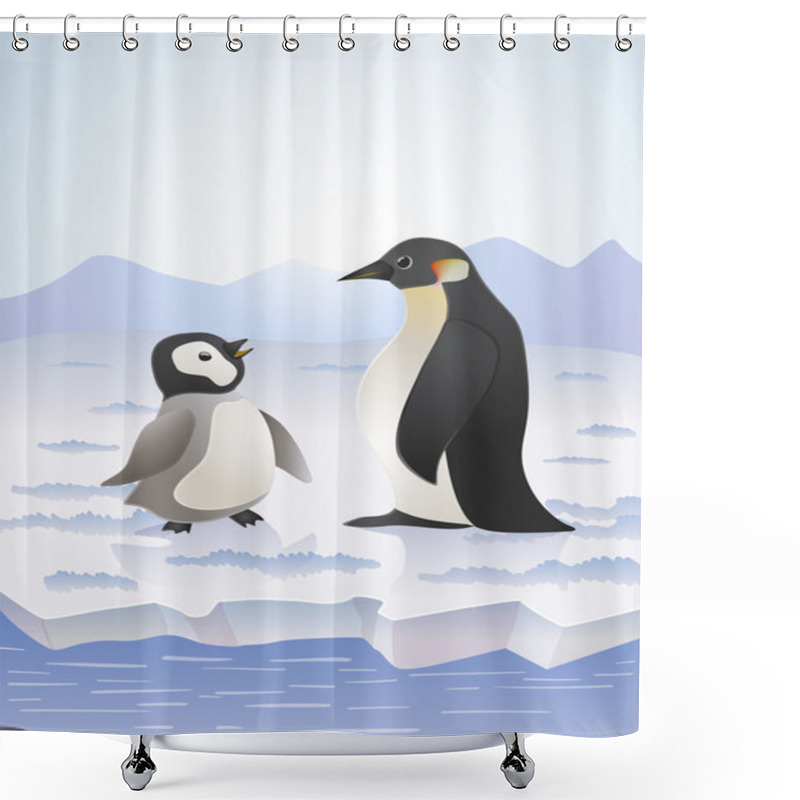 Personality  Penguins On Icy Landscape. Vector Cartoon Illustration Shower Curtains