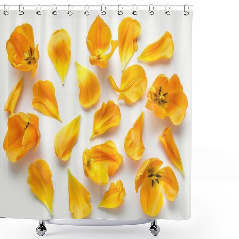 Personality  A Vibrant Arrangement Of Bright Orange Tulip Petals Scattered On A White Background, Creating A Cheerful And Lively Atmosphere. Shower Curtains