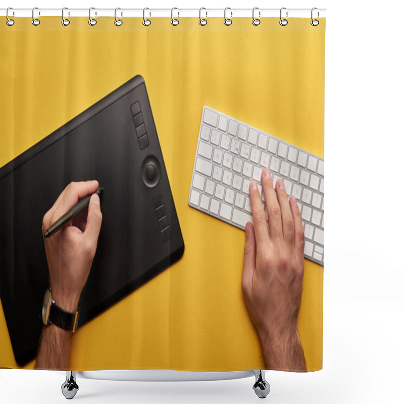 Personality  Cropped Shot Of Designer Drawing With Graphics Tablet And Keyboard On Yellow Surface Shower Curtains