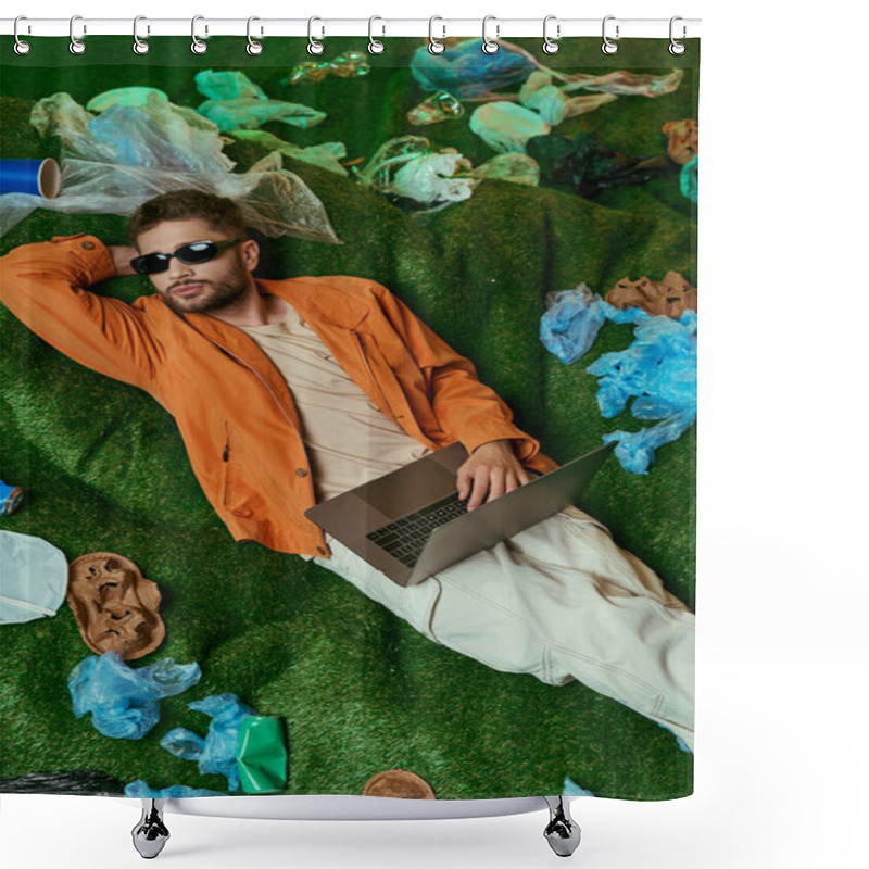 Personality  A Man Lies On Fake Grass, Surrounded By Plastic Waste, Using A Laptop. Shower Curtains