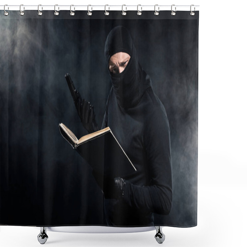 Personality  Man In Black Balaclava Holding Gun And Reading Book Shower Curtains