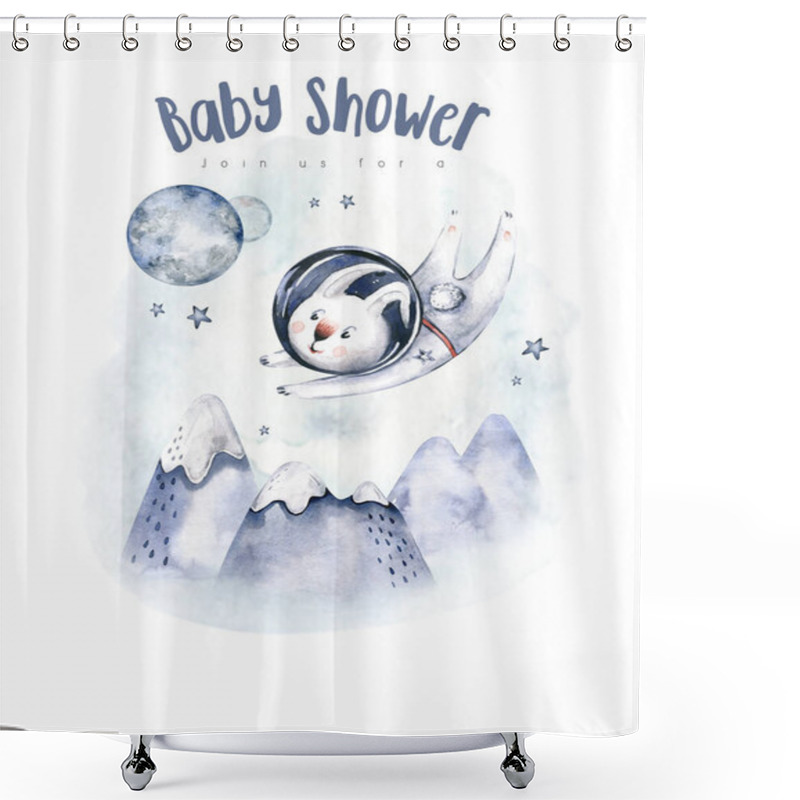 Personality  Astronaut Baby Boy Girl Elephant, Fox Cat And Bunny, Space Suit, Cosmonaut Stars, Planet, Moon, Rocket And Shuttle Isolated Watercolor Space Ship Illustration On White Background, Spaceman Cartoon Kid Astronout. Universe Illustration Nursery. Shower Curtains