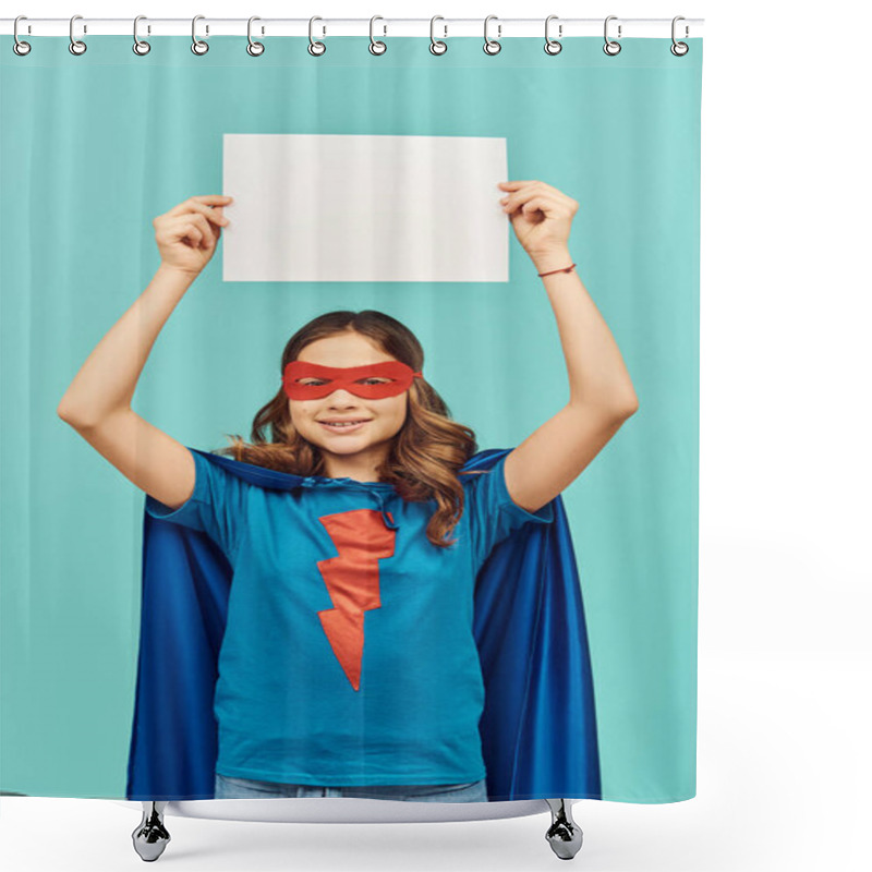 Personality  Carefree Preteen Girl In Superhero Costume With Cloak And Red Mask Holding Blank Paper Above Head And Looking At Camera On Blue Background, Happy Children's Day Concept  Shower Curtains