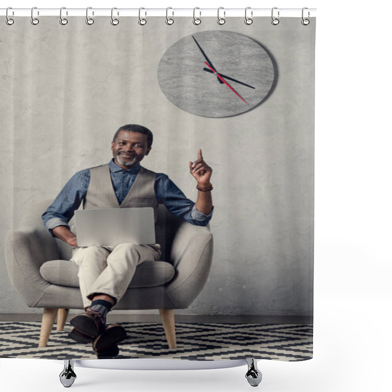 Personality  Stylish African American Businessman Pointing Up And Using Laptop In Office With Clock On Wall Shower Curtains