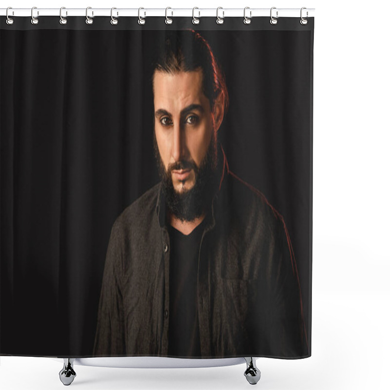 Personality  Handsome Bearded Muslim Man Looking At Camera Isolated On Black  Shower Curtains