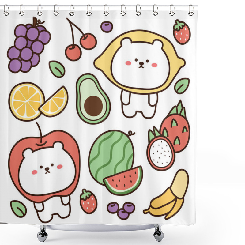 Personality  Fruit And Bear Hand Drawn On White Background.Grapes,apple,dragon Fruit,lemon,banana.kiwi,waterlemon,strawberry Doodle.Image For Card,sticker.Kawaii.Isolated Objects.Vector.Illustration. Shower Curtains