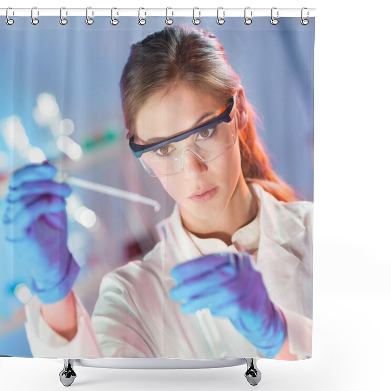 Personality  Attractive Young Scientist Pipetting. Shower Curtains