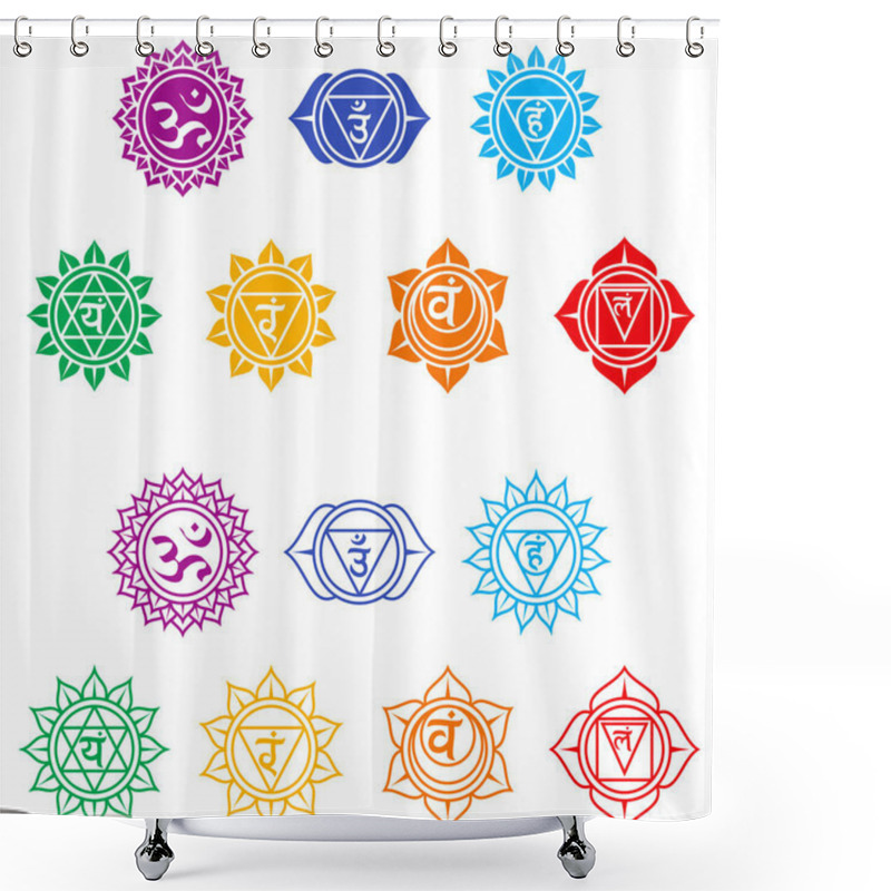 Personality  Vector Design Of The Seven Chakra Energy Center, A Symbol Of Hinduism Doctrine That Shows The Seven Chakras Of The Human Body, With Their Respective Colors Shower Curtains