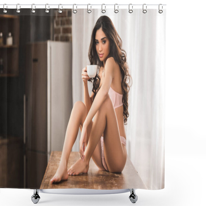 Personality   Sexy Young Woman In Lingerie Holding Cup Of Coffee And Looking At Camera  Shower Curtains