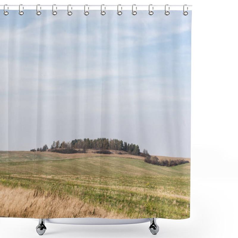 Personality  Golden Field Green And Grassy Lawn Against Blue Sky  Shower Curtains