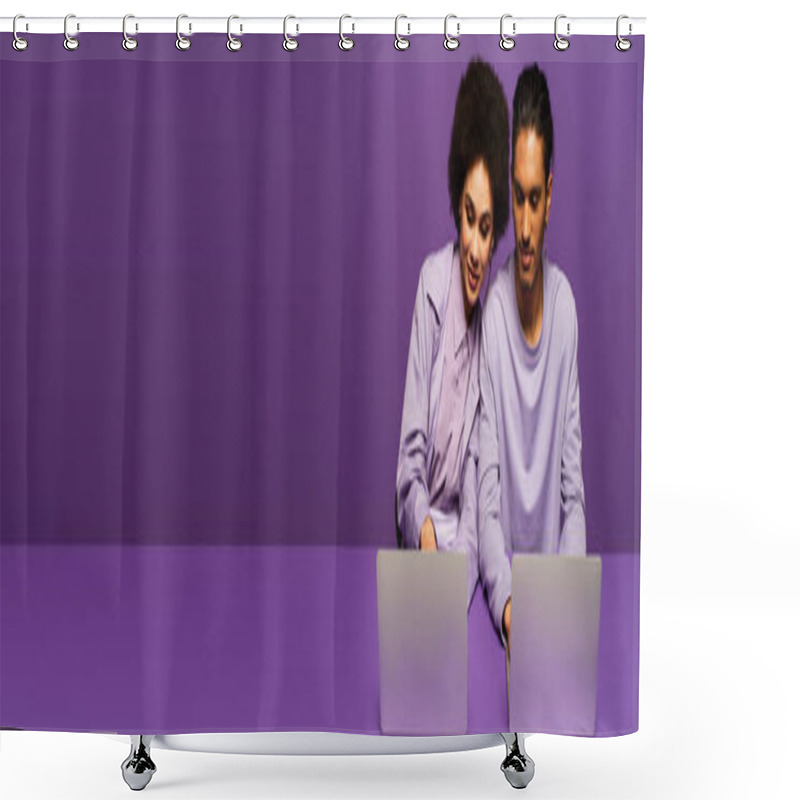 Personality  Cheerful African American Freelancers Using Laptops Isolated On Purple, Banner Shower Curtains