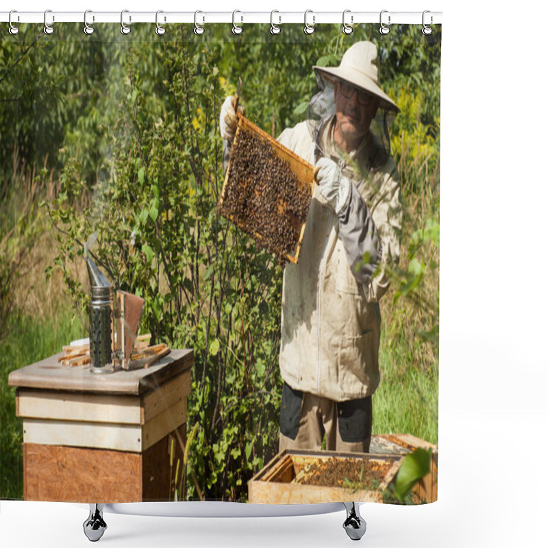 Personality  The Beekeeper Looks At The Beehive. Honey Collection And Bee Control. Bee Breeding And Bee Keeping. Shower Curtains