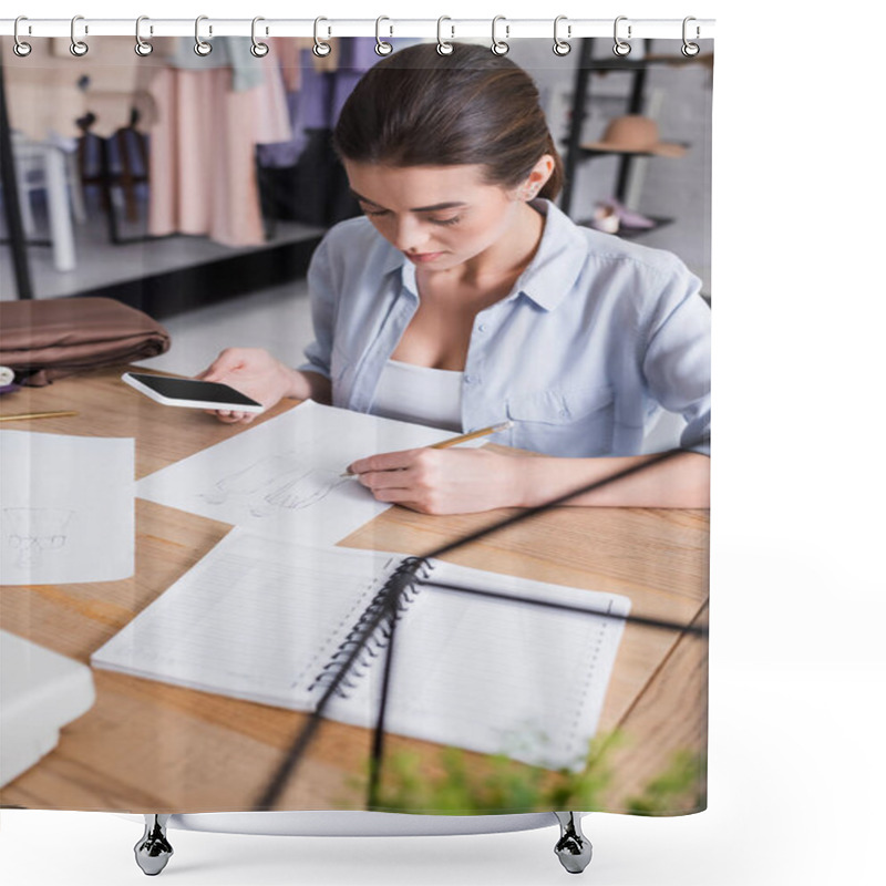 Personality  Seamstress With Smartphone Drawing Sketches On Table  Shower Curtains