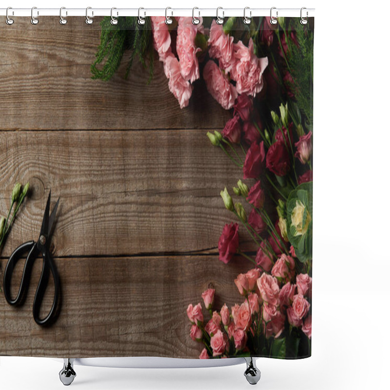 Personality  Top View Of Beautiful Various Red And Pink Flowers And Scissors On Wooden Table Shower Curtains