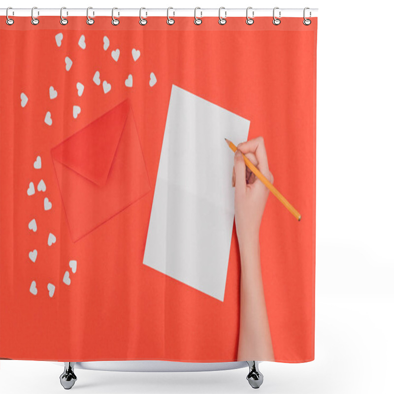 Personality  Cropped Shot Of Person Writing In White Card, Red Envelope And Small Hearts Isolated On Red  Shower Curtains