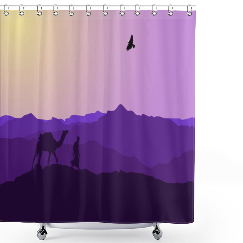 Personality  Desert Landscape With Cactus, Hills And Mountains Silhouettes. Vector Nature Horizontal Background Design Shower Curtains